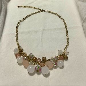Beautiful Gold-Tone Necklace with Floral Gold Pink and White Beads